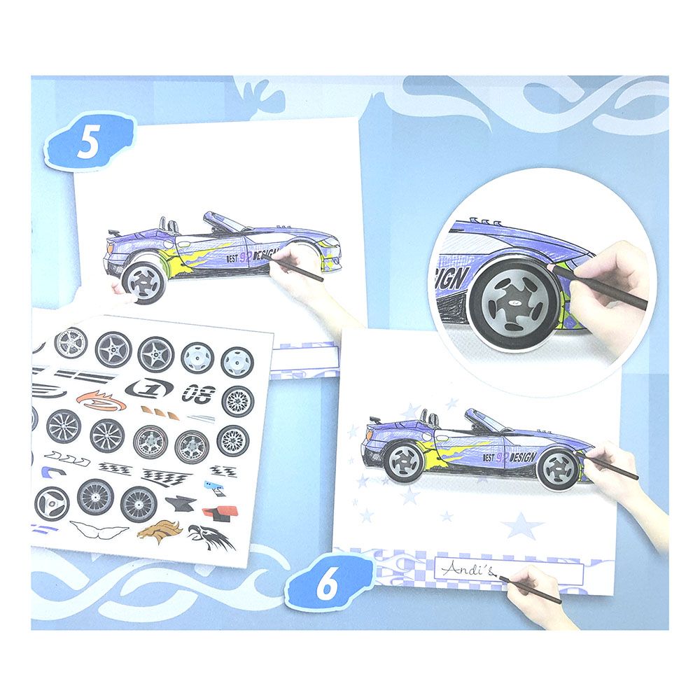 Книжка за рисуване със стикери и шаблони, Състезателни коли