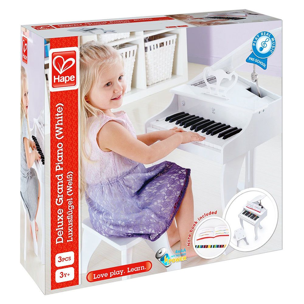 Детско дървено електронно пиано със столче, Delux Grand Piano, бяло