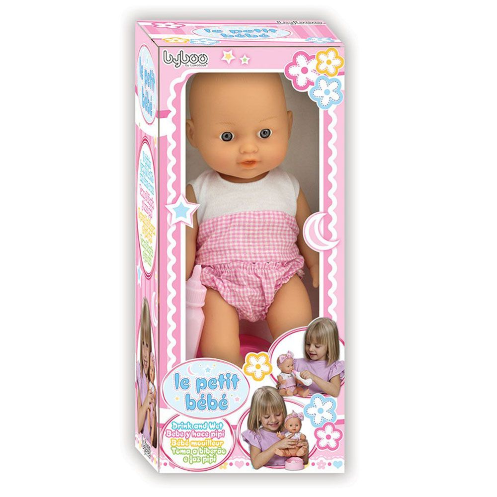L, Пишкащо бебе-кукла с гърне и шише, Le Petit Bebe, 28 см