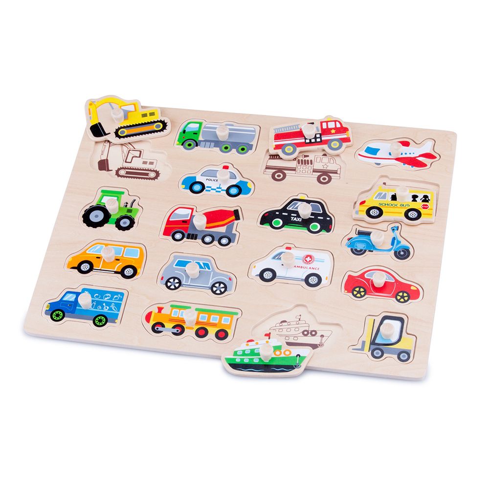 New Classic Toys, Дървен пъзел с дръжки, Превозни средства, 18 елемента