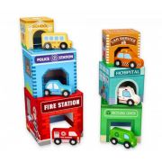 Kартонени кубчета за най-малките, с дървени превозни средства