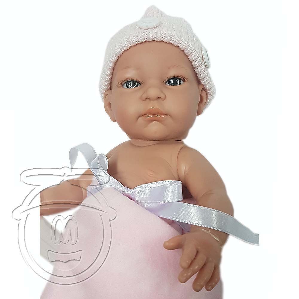Кукла-бебе Джени с плетено розово чувалче, 32 см
