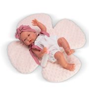 Кукла-бебе Мария, с бял гащеризон и розова възглавница цвете, 43 см.