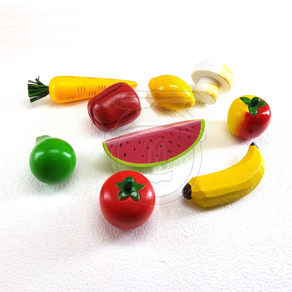 Детски дървени плодове и зеленчуци в щайга, 10 броя