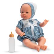 Кукла-бебе Коке, със син гащеризон на точки и шапка, 36 см.