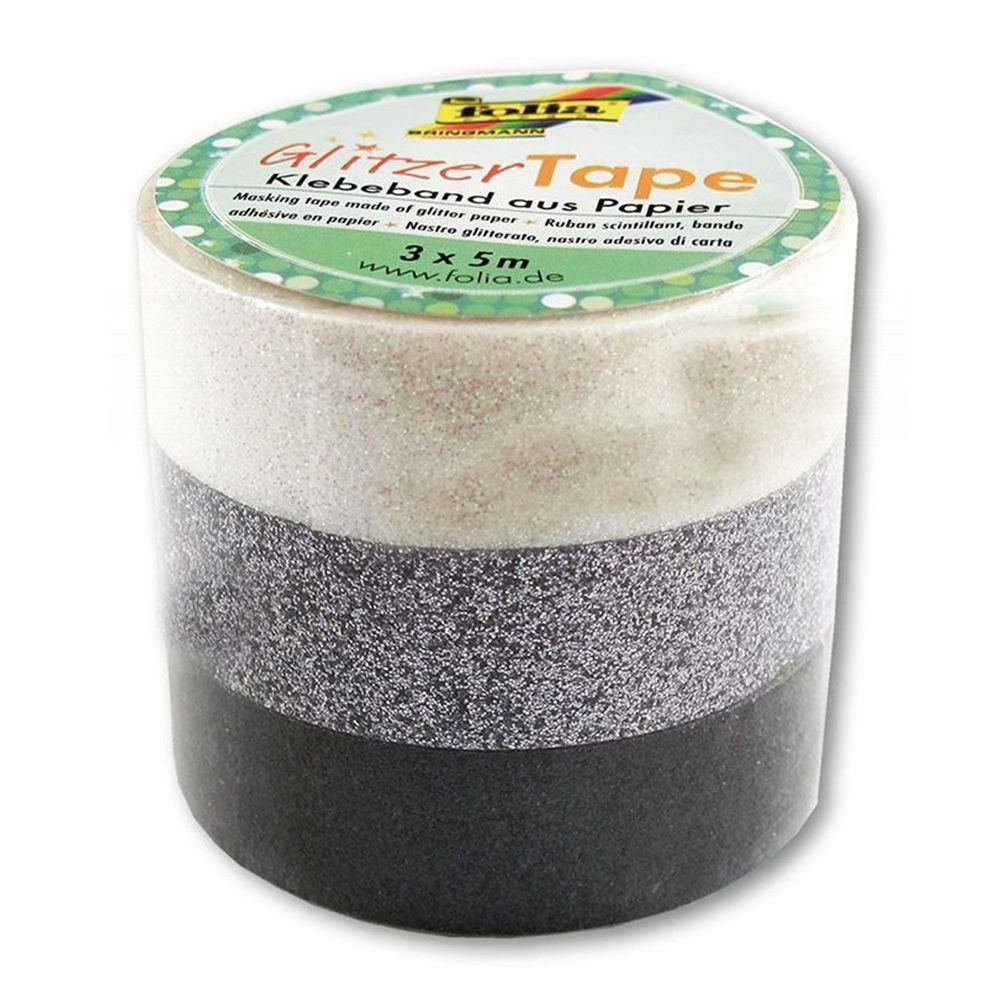 Блестящо декоративно тиксо WASHI TAPE, бяло, сиво, черно, 3 броя, 5 м x 15 мм