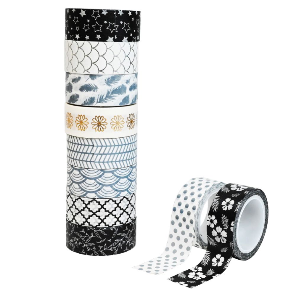 Декоративно тиксо WASHI TAPE, 8 броя черно-бели и 2 броя металик