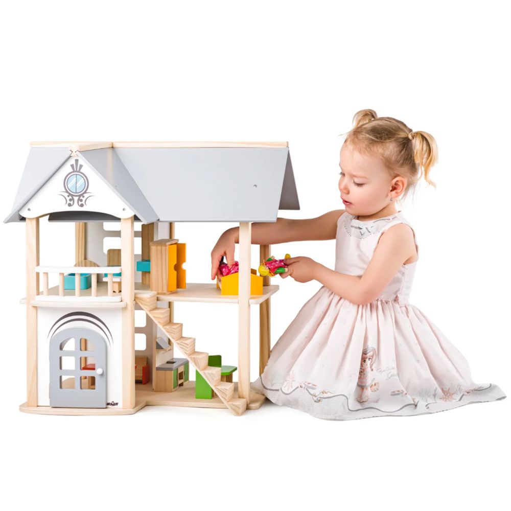 Дървена къща за кукли, с обзавеждане, Изабел
