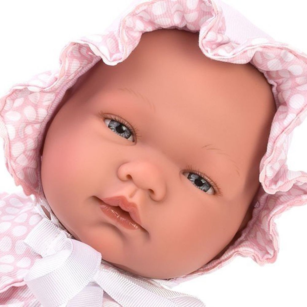 Кукла-бебе Мария с розово костюмче на точки