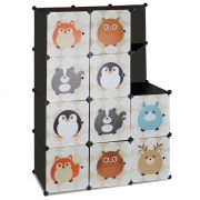 Детски черен стелаж-органайзер за дрешки и играчки с 10 отделения, Животни