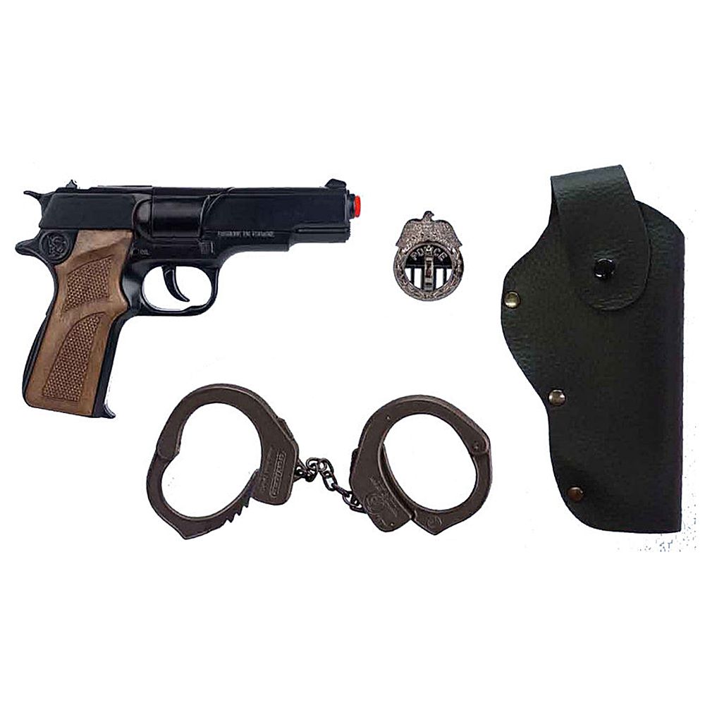 Пистолет с кобур, белезници и полицейска значка