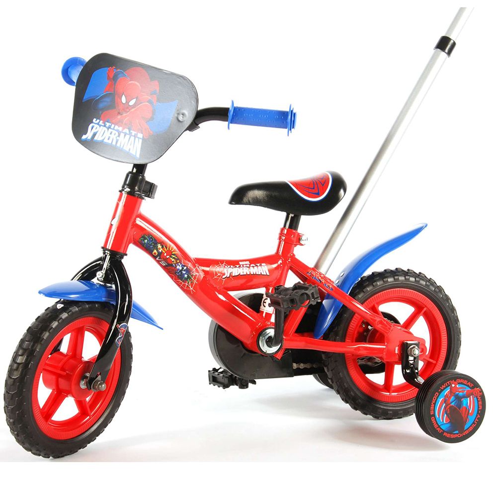 Метален детски велосипед с помощни колела и родителски контрол, Спайдърмен, 10 инча