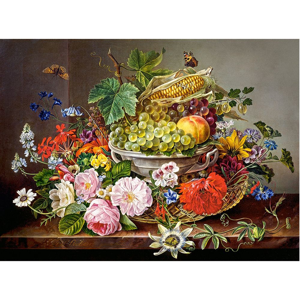 Натюрморт с цветя и кошница с плодове, пъзел 2000 части