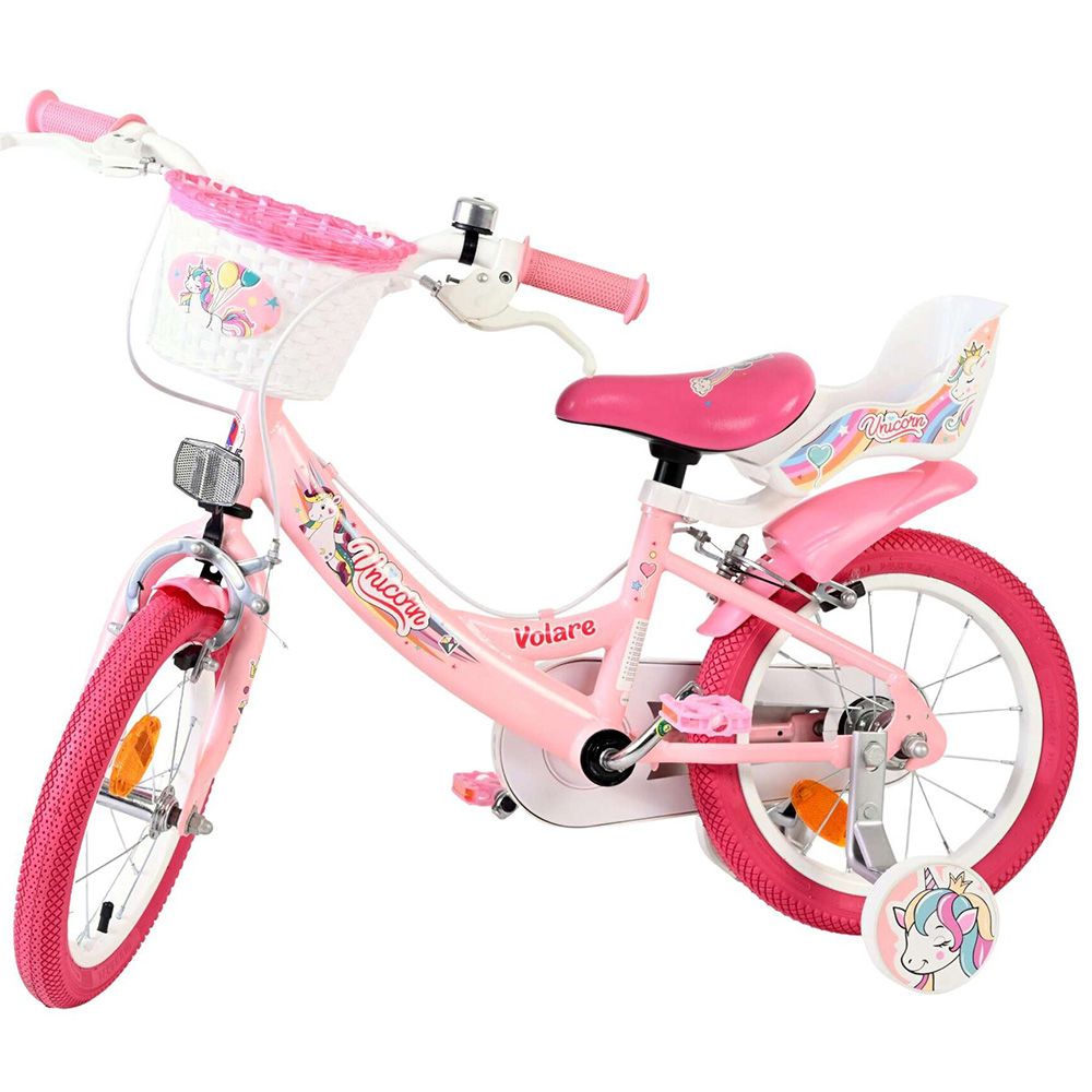 Детски велосипед с помощни колела, Volare Unicorn, 14 инча - розов