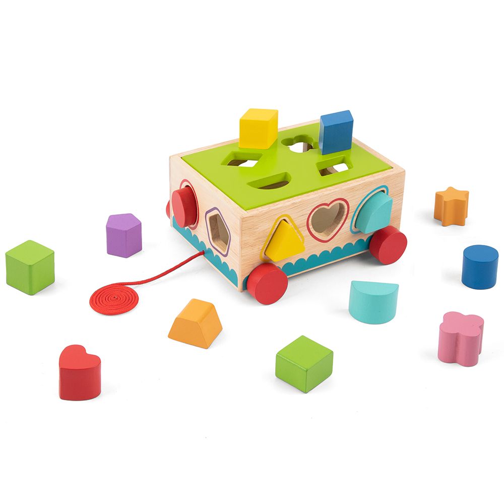 Дървена количка-сортер за дърпане