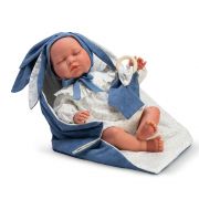 Кукла-бебе, Нико, с гащеризон, синя шапка и одеялце със заешки уши, 46 см