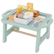 Дървена маса за закуска с храна и аксесоари
