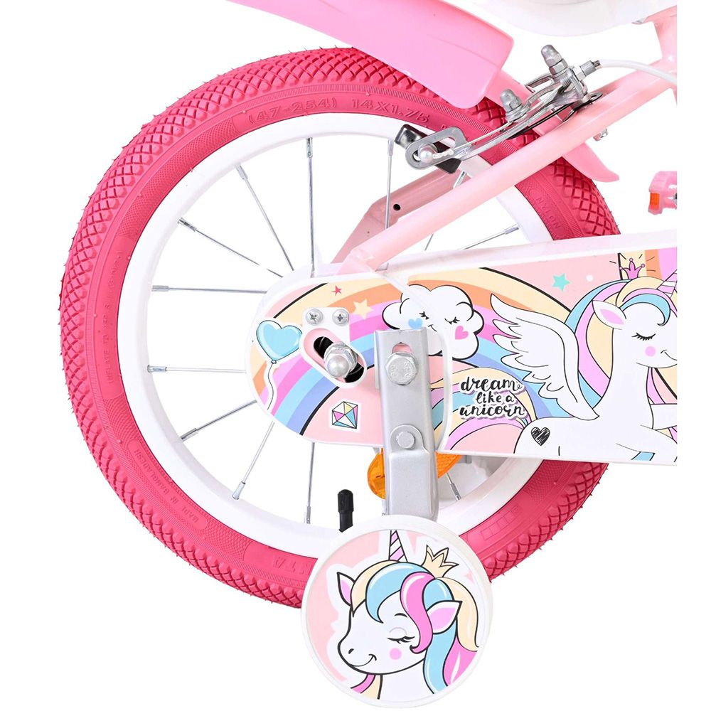 Детски велосипед с помощни колела, Volare Unicorn, 14 инча - розов