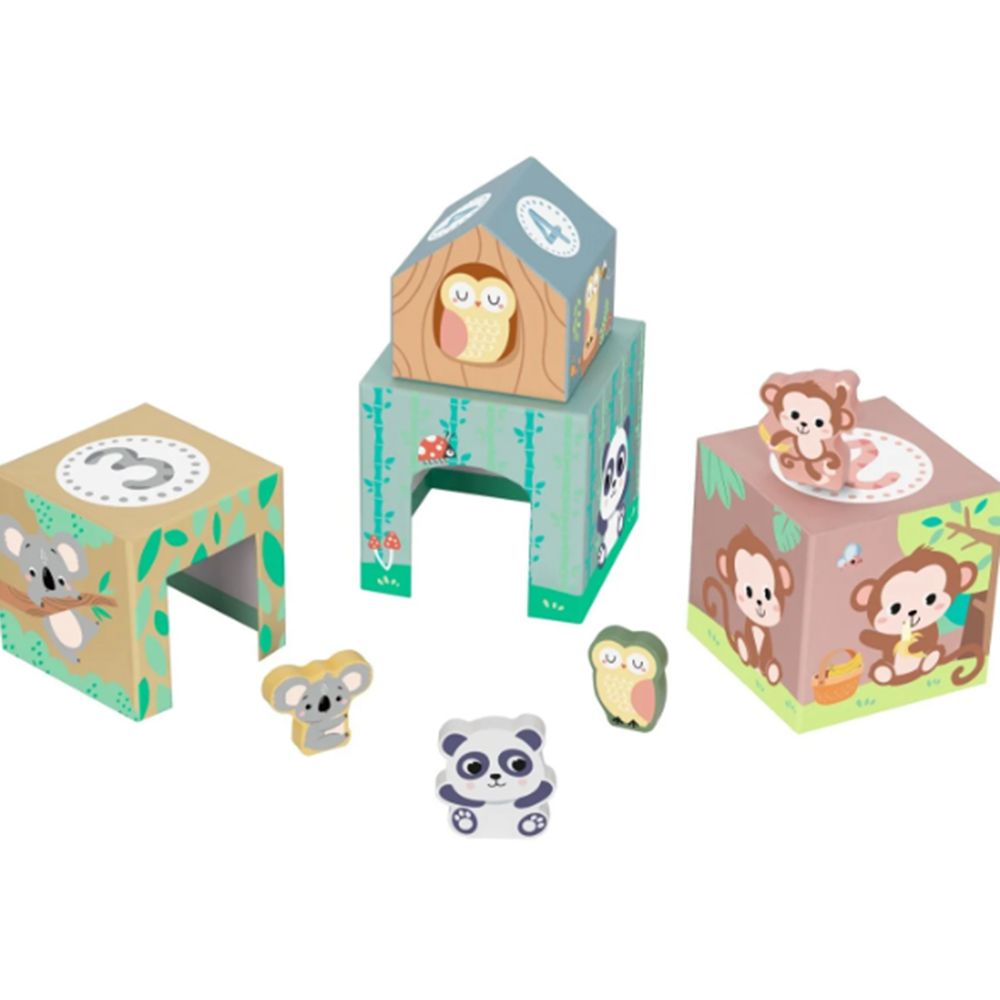 Картонени кубчета с дървени животни