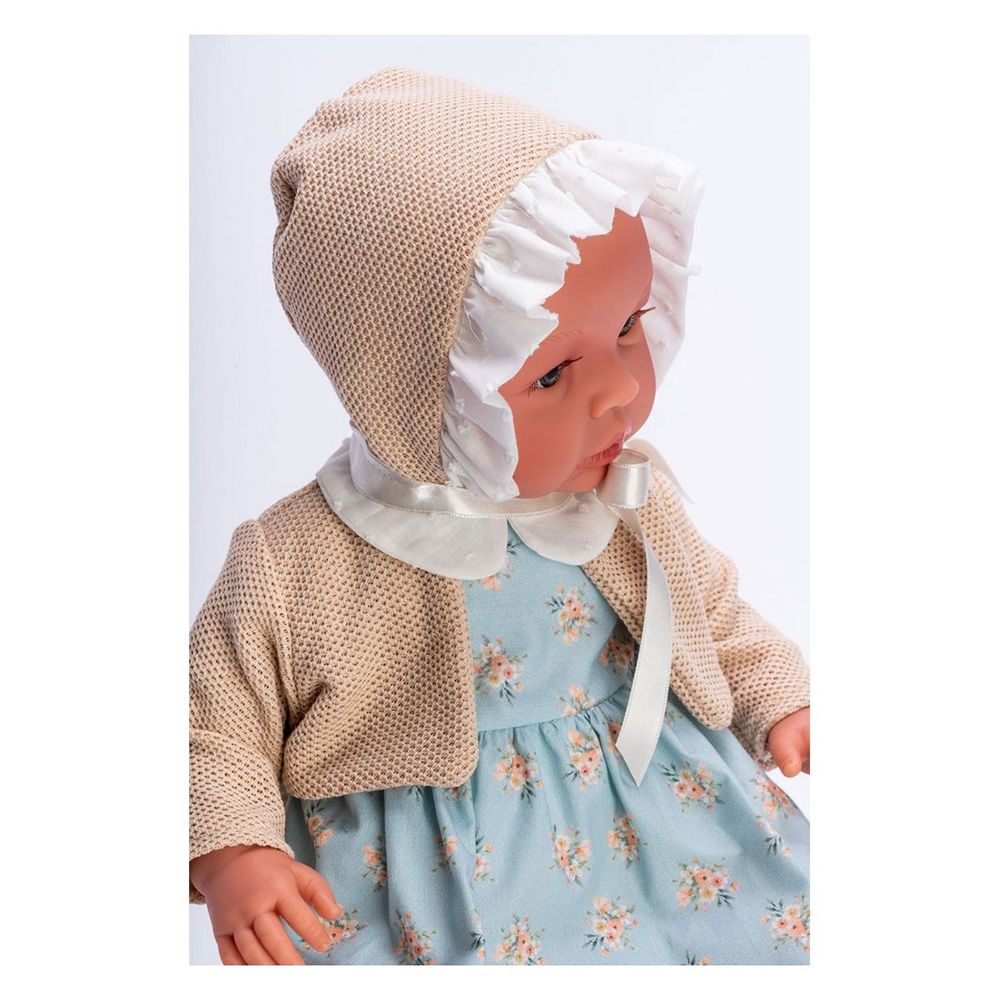 Кукла бебе, Лея, със синя рокля на цветя