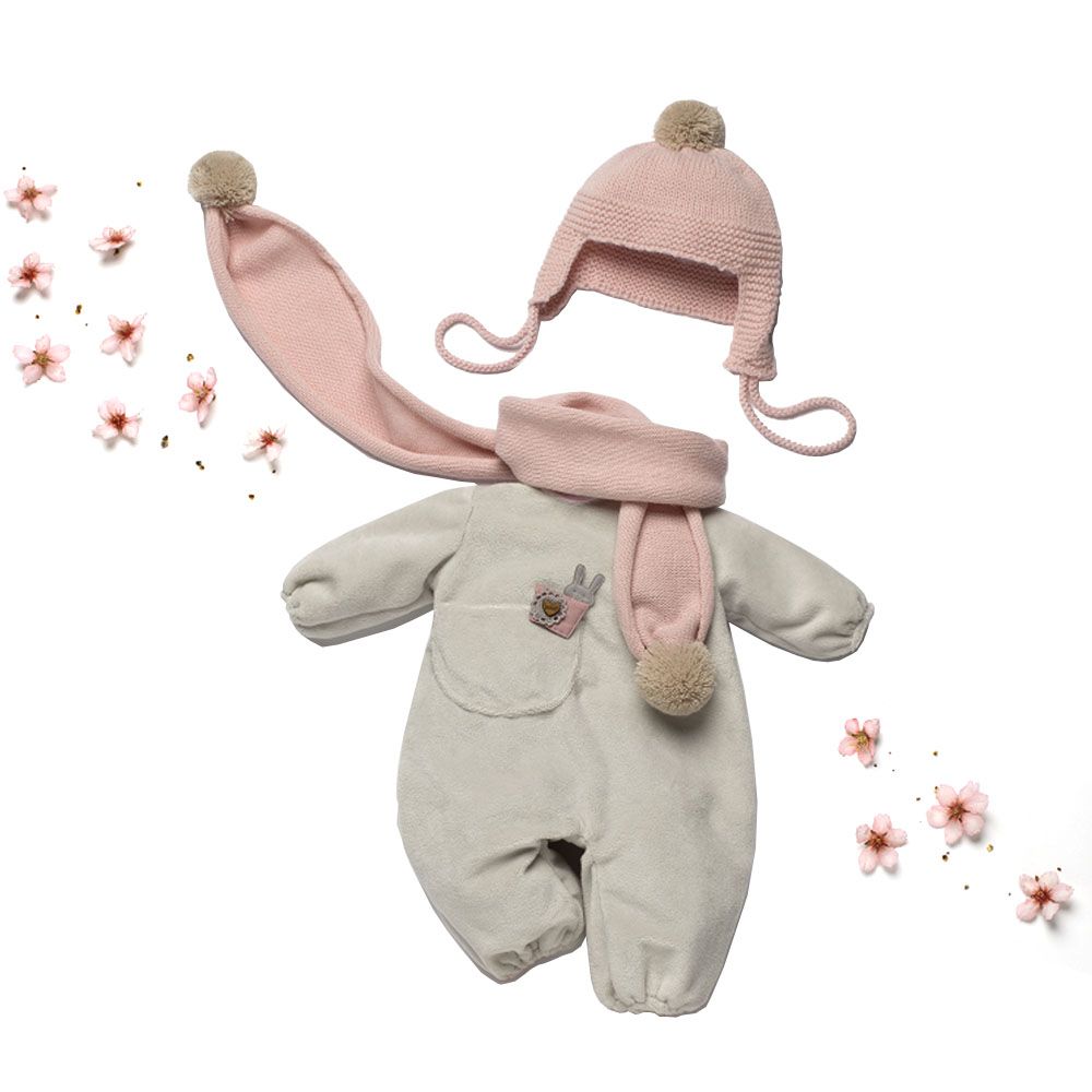 Бутикови дрехи за кукла-бебе Reborn, Поларено боди с розова шапка и шал, Asi