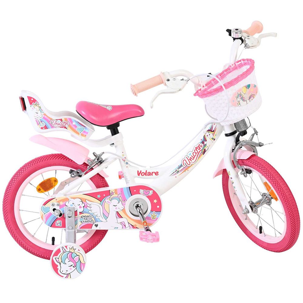 Детски велосипед с помощни колела, Volare Unicorn, 14 инча - бял