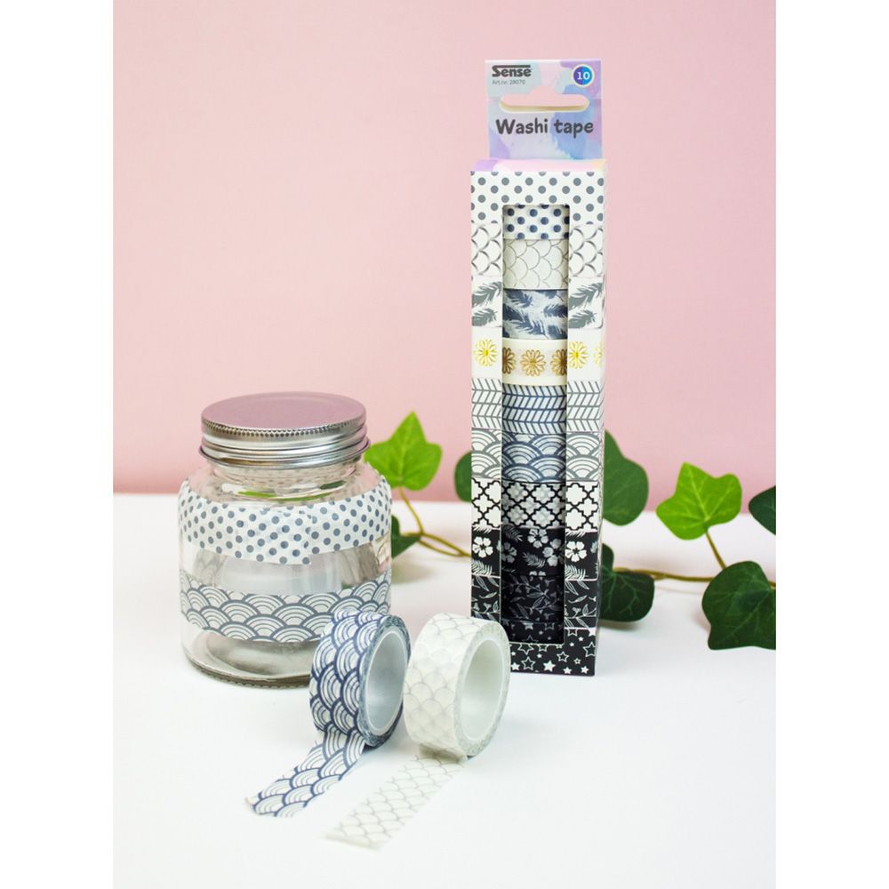 Декоративно тиксо WASHI TAPE, 8 броя черно-бели и 2 броя металик