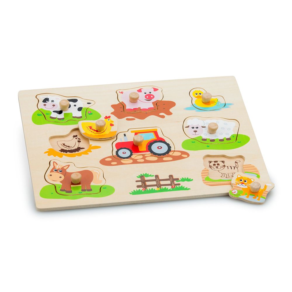 New Classic Toys, Дървен пъзел с дръжки, Ферма, 8 елемента