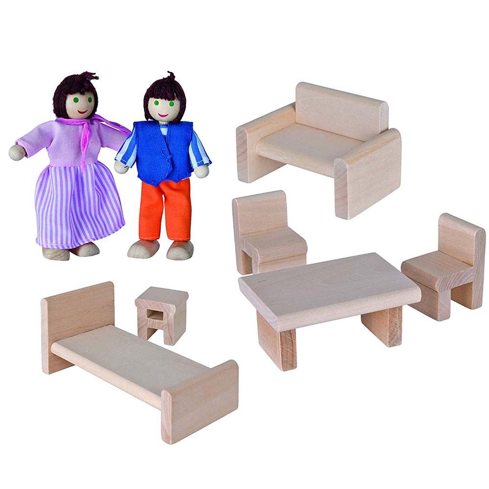 Дървена къща за игра, с две кукли