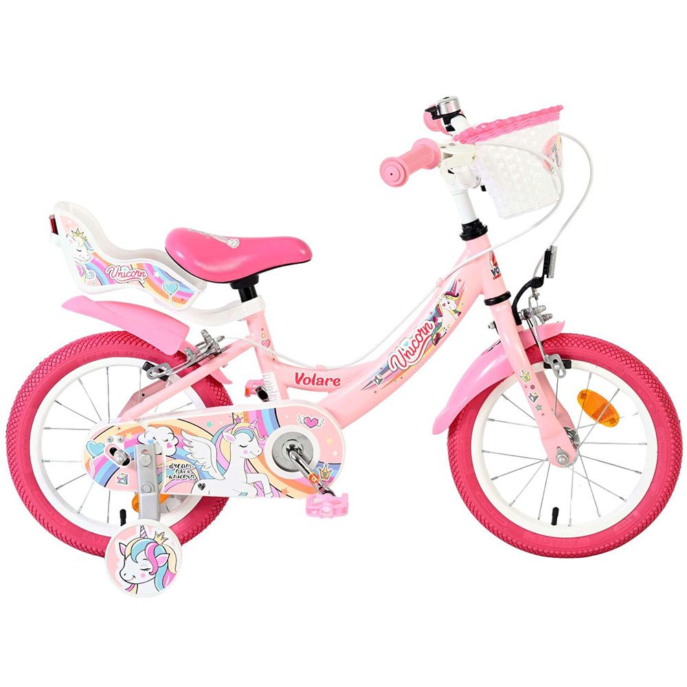E&L Company, Детски велосипед с помощни колела, Volare Unicorn, 14 инча - розов