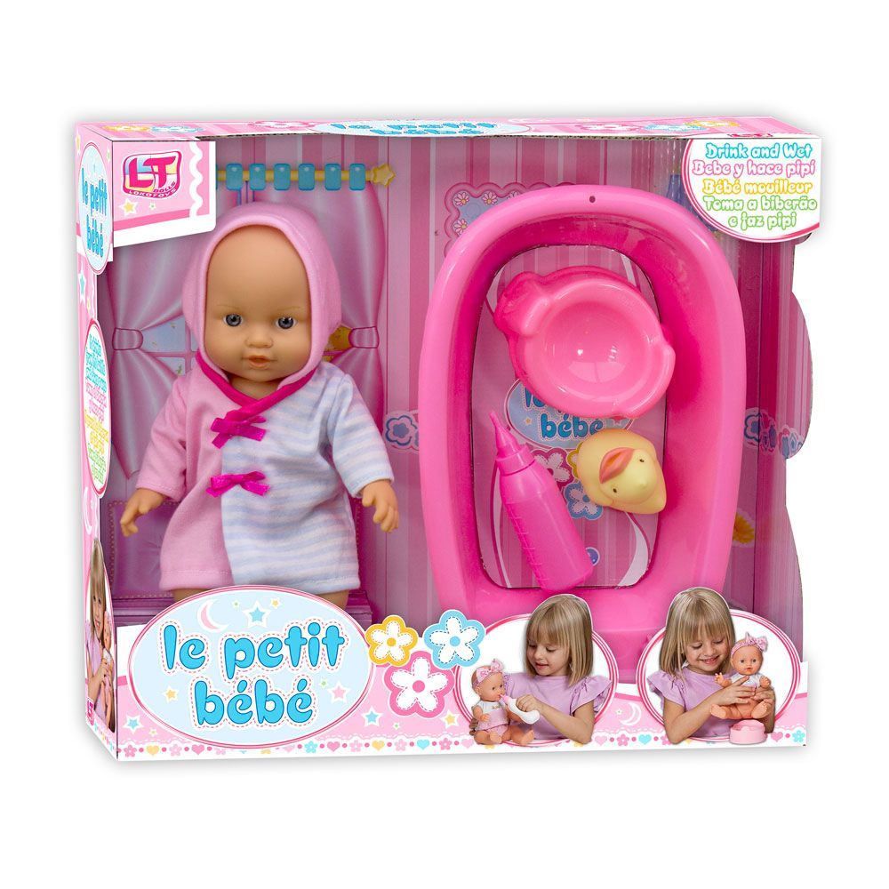 Loko Toys, LT Пишкаща кукла LE PETIT BEBE, с корито за къпане, шише и гърне